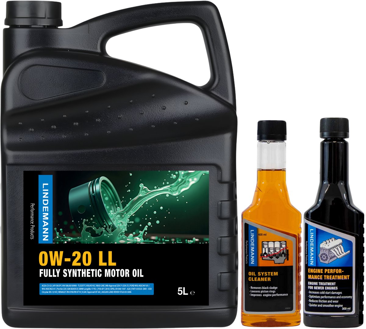 Lindemann Motorolie 0W20 - 5L + Oil System Cleaner (Motor Reiniger) - Engine Performance Treatment (Olie Additief) - Olieverversing Set en Bescherming