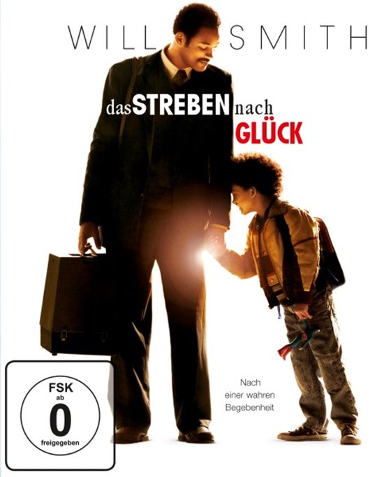Will Smith en Jaden Smith op de voorkant van de Blu-ray hoes van "Das Streben nach Glück". Will Smith draagt een pak en Jaden Smith een jack.