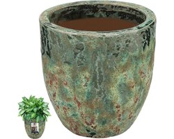 Bloempot Keramiek - Pot Plantenbak - Binnen Buiten - Vorstbestendig Handwerk - 29cm Hoog 30cm Breed - Turquoise Bruin