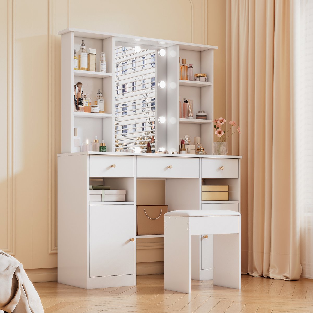 Grote kaptafel – kaptafel met verstelbare ledverlichting – voorzien van spiegel en kaptafelbankje – 3 lades en 2 deuren – wit voor de slaapkamer – afmetingen: H 151 cm × B 110 cm × D 40 cm