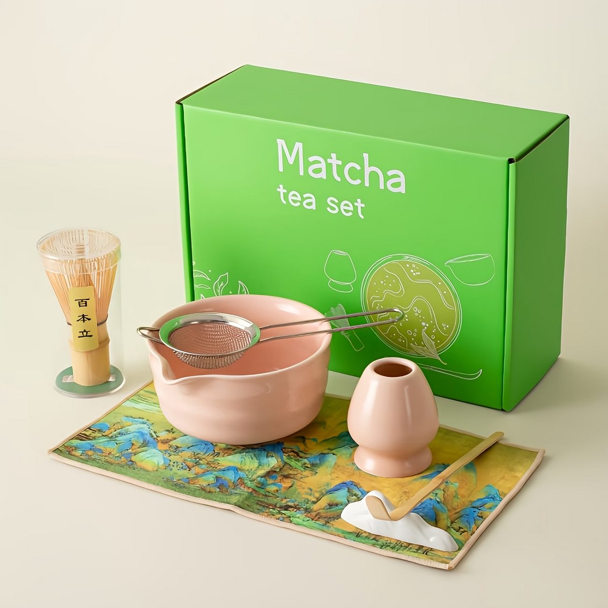 7‑Delige Roze Matcha Kom Tools Set – Keramische Matchakom met Bamboe Filter & Borstel