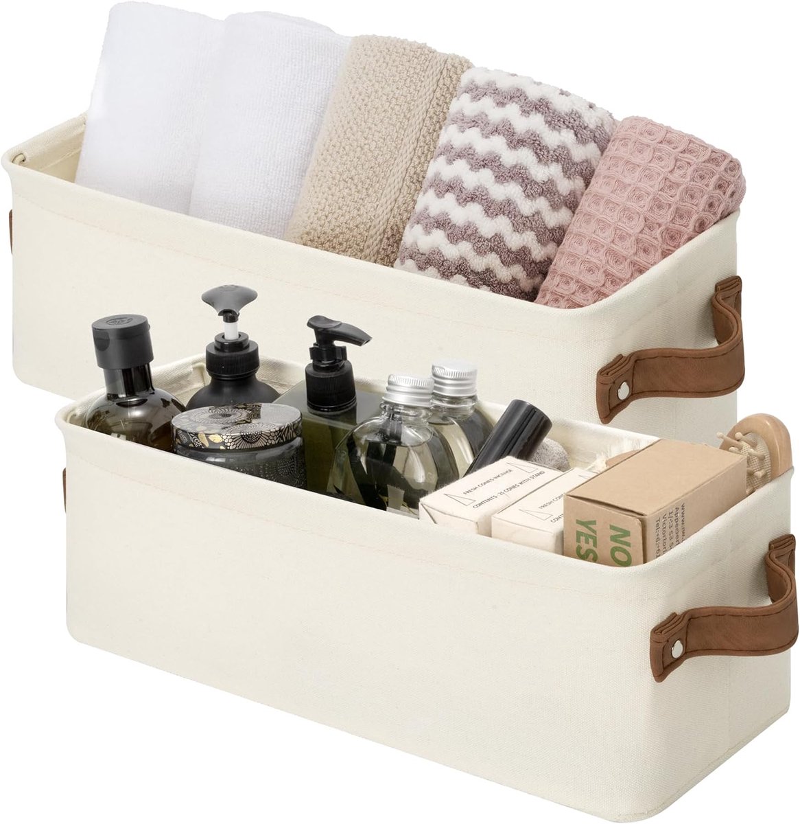 Opbergbakken Set - Mandjes Stoffen - Kast Organizer - Met Handvatten - 38x15x12cm - Natuurlijk