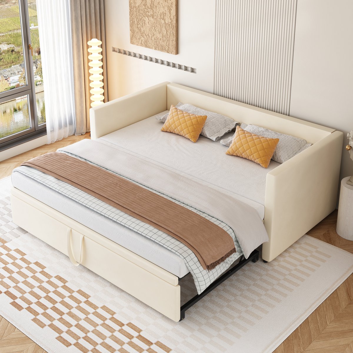 REDOM slaapbank 90x200 cm – Fluweel beige – Uitschuifbaar tot 180x200 cm – FSC – Lattenbodem
