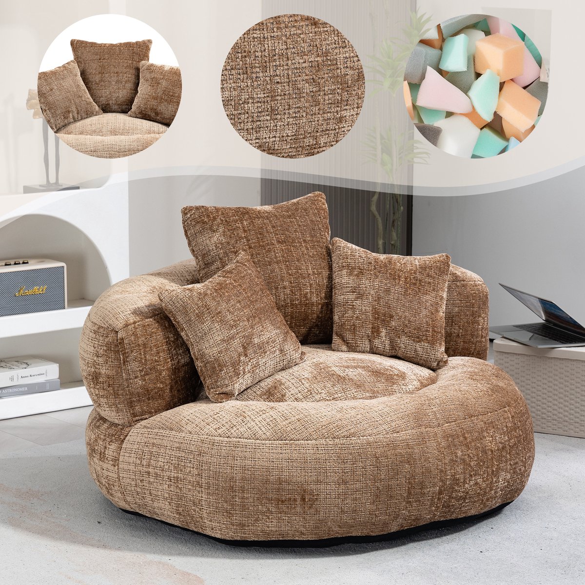 Lazy Sofa Duurzame Comfortabele Lounger Zitzak met Hoge Rugleuning en Drie Kussens voor Volwassenen en Kinderen, Binnen & Buiten, Eenpersoons Gaming Sofa Stoel voor Slaapkamer, Kantoor (Koffie Chenille)