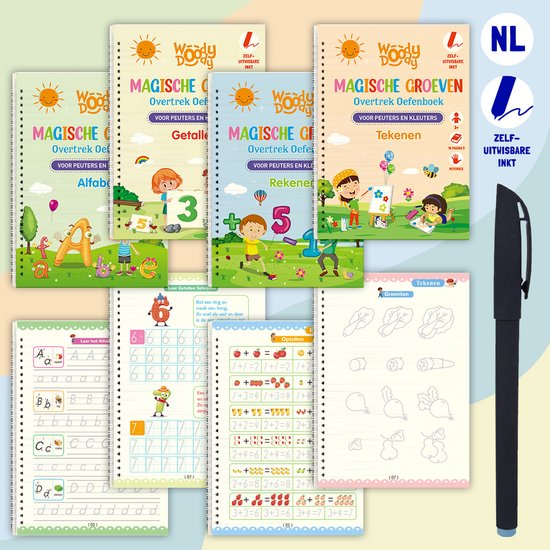 WoodyDoody Nederlandse Magische Groeven Overtrek Schriften 4 Stuks met Magische Pen en 5 Vullingen NL Versie - Magic Leerboek Nederlands Ik Leer Cijfers Tekens Schrijven - Magische 3D Overtrek Boek - Groevenboekjes NL - Zelf Uitwisbaar 30 Minuten