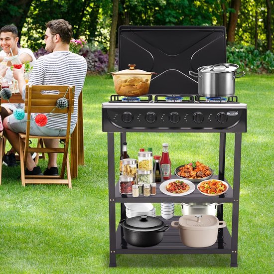 Gasfornuis 5 Pits - Vrijstaand Kooktoestel - Kamperen en Reizen - Met Grillwagen Deksel - 61x42x82 cm - Zwart — afbeelding 2