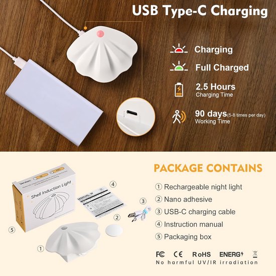 Nachtlampje met bewegingssensor - sensorlamp - LED nachtlamp - USB oplaadbaar - draadloos magnetisch - 3 kleurstanden - auto/altijd aan - schelpvorm wandlampje - wit - grote batterij van Merkloos — afbeelding 5