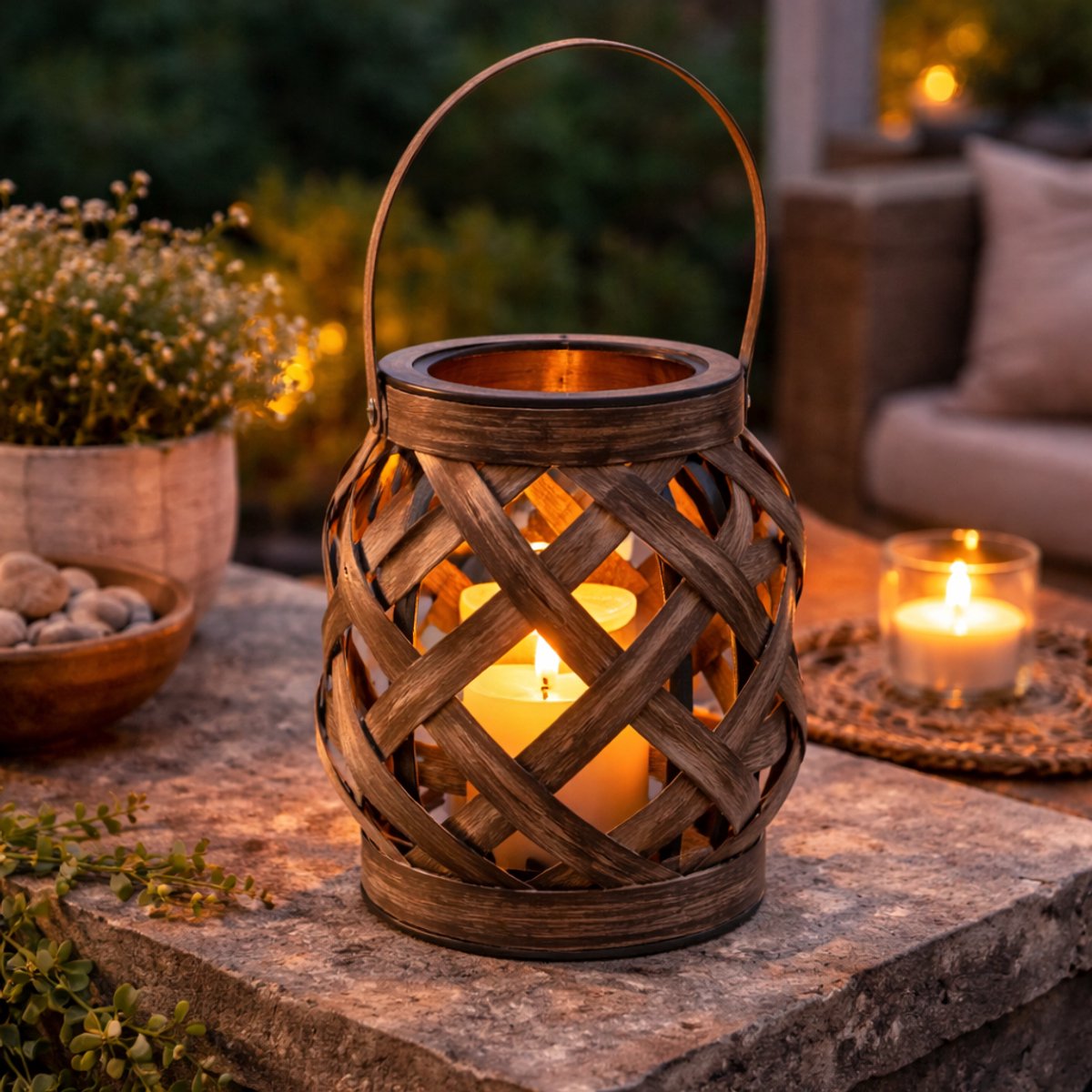 Arti Casa Tuinlantaarn Decoratief - Werkt op 3xAAA Batterijen - Geschikt voor Buitengebruik - Voegt Sfeer toe aan Tuin of Terras - Gevlochten Design - Ø12xH36cm - Zwart/Donkerbruin