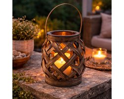 Arti Casa Tuinlantaarn Decoratief - Werkt op 3xAAA Batterijen - Geschikt voor Buitengebruik - Voegt Sfeer toe aan Tuin of Terras - Gevlochten Design - Ø12xH36cm - Zwart/Donkerbruin
