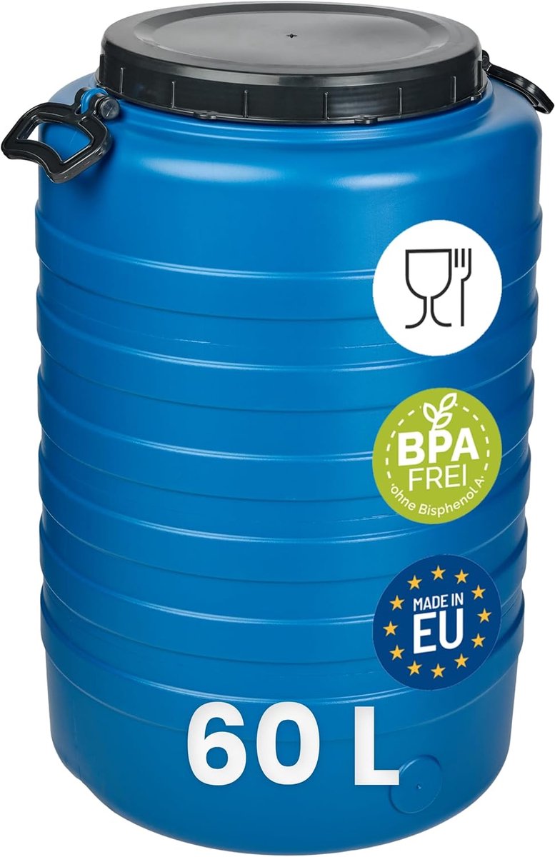Regenton met Kraan - Waterreservoir Kunststof Vat - Regenwater Opvang - Voedselveilig BPA-Vrij - 60 Liter 39x39x62cm - Blauw