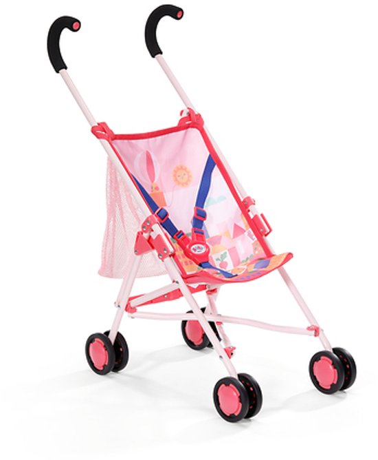 Roze poppenbuggy met netvakje, met print van een heteluchtballon, zon en stad.