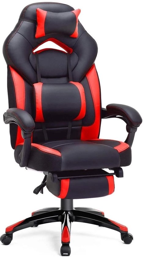 Gaming stoel in zwart met rode accenten, voorzien van hoofdsteun en lendesteun.