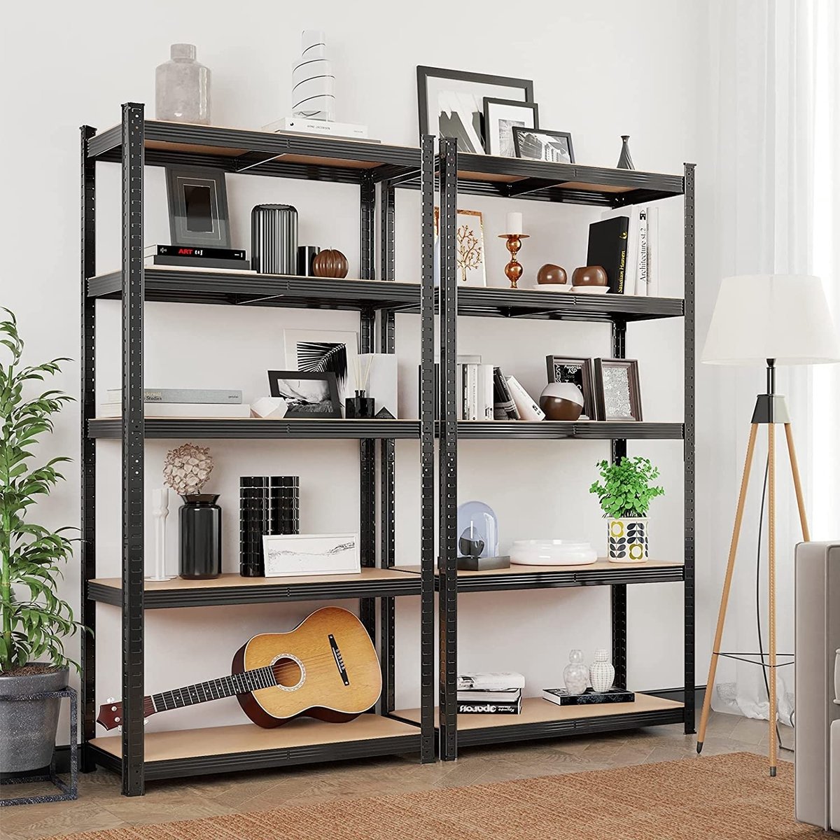 Parya Home - Opbergplank - Stellingkast - Verstelbare planken - tot 650 kg (125 kg per plank) - Staal & Hout - Zwart