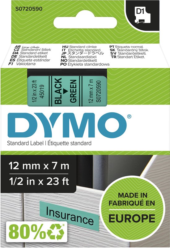 Verpakking van DYMO D1 standaardlabel, zwarte tekst op groene rol, 12 mm x 7 m, gemaakt in Europa.