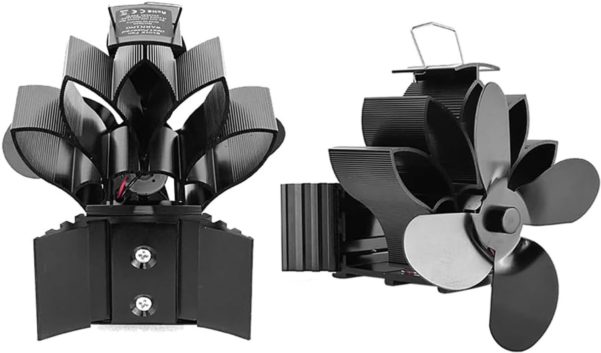 Warmte aangedreven ventilator - Houtkachel ventilator - Efficiënte verwarming - Stille werking 4 bladen - 21x20x19 cm - Zwart