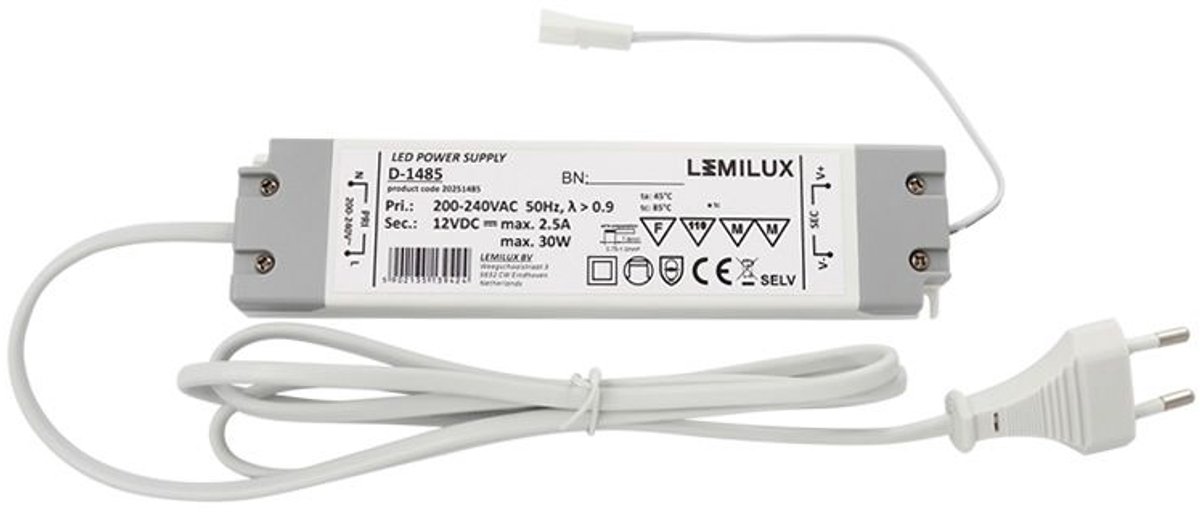 LED Transformator/Driver 12V 30W 2.5A met snoer