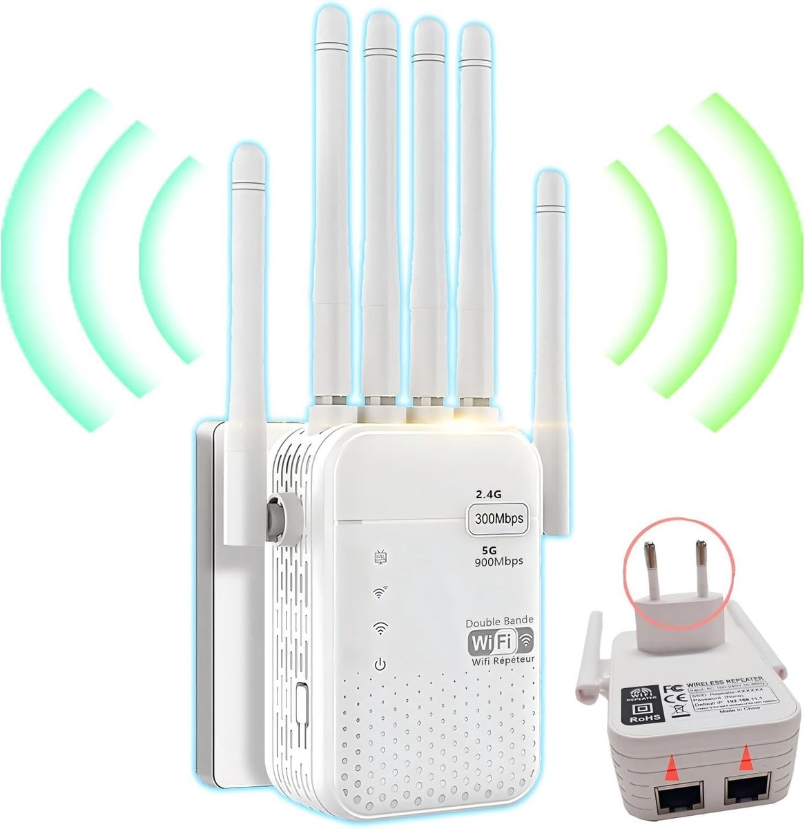 WiFi Versterker - Netwerk Uitbreider - Draadloos Bereik - Zes Krachtige Antennes - 300 m² Dekking - Wit
