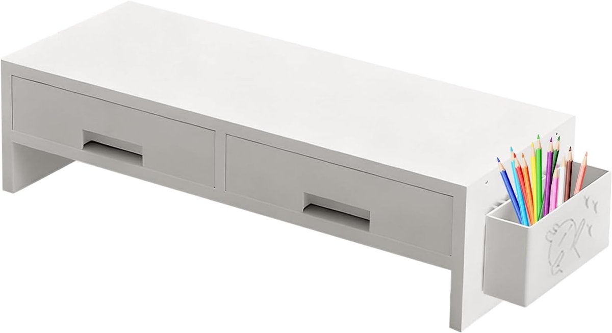 Monitor Verhoger - Bureau Organiser - Ergonomisch Werken - Met Dubbele Lades - 50x195x135cm - Zwart Walnoot