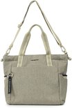 Grijze shopper met beige hengsels, schouderband en sleutelhanger met tekst.