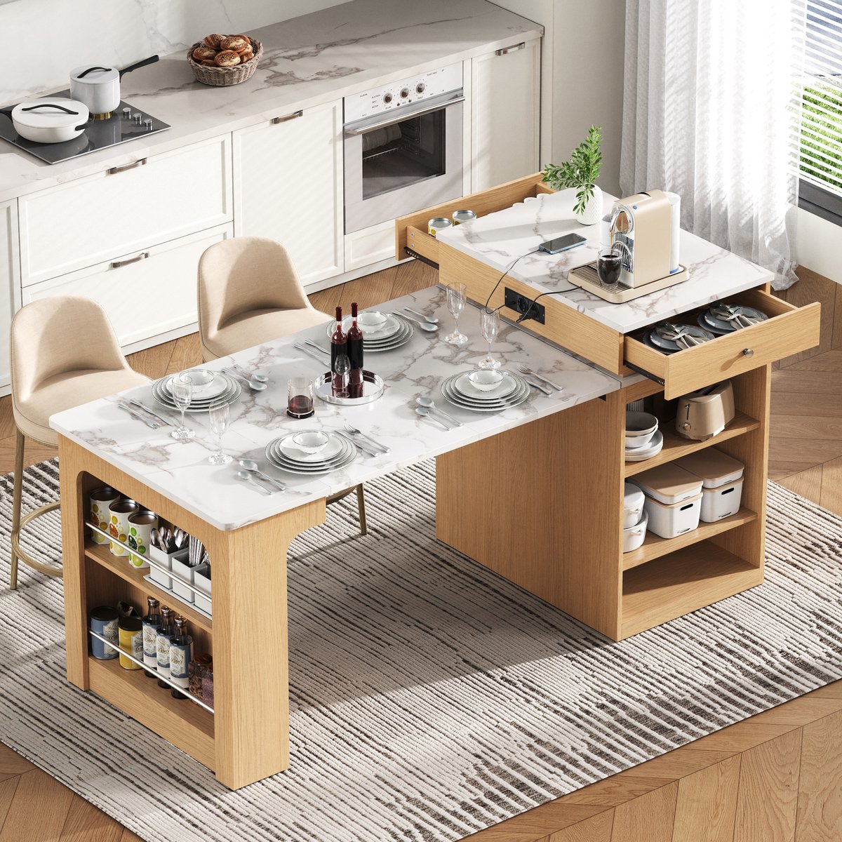 OKWISH Keukeneiland – Uitschuifbare Tafel Met Stopcontacten – Voor Keuken En Eetkamer – MDF Glas Naturel – 80×71×92 cm