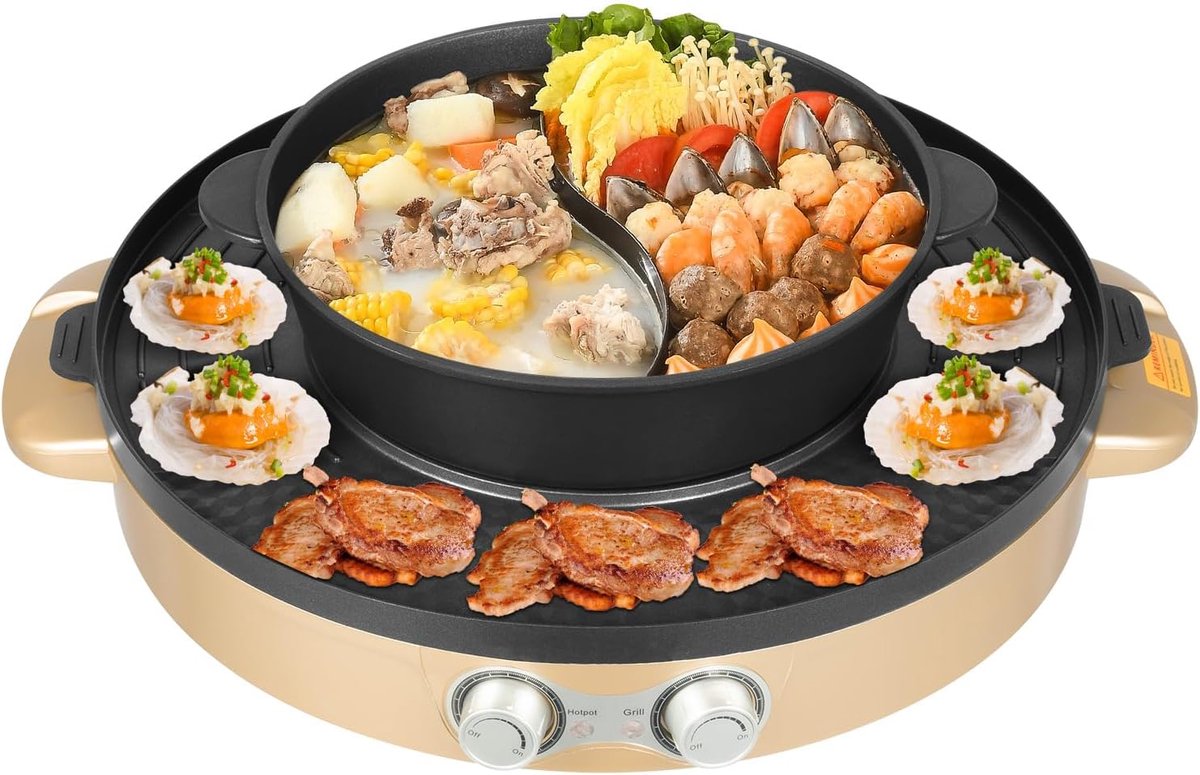 Elektrische Hotpot Grill Dubbele Kookpan Samen Eten Onafhankelijke Temperatuurregeling 44cm Diameter Goud