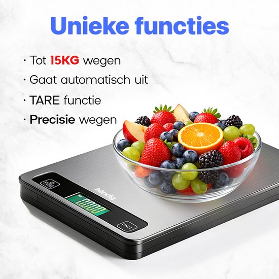 Hëndig Keukenweegschaal Digitaal - Weegschaal Keuken - Precisie Weegschaal - Keuken Weegschaal - Weegschaalkeuken - 1 gram - 15 kg - Tarra functie - Incl. Batterijen
