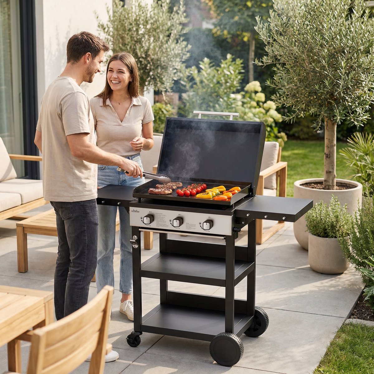 BIGHORN Gas Plancha BBQ met 3 Branders (7,2 kW) – Geëmailleerde Stalen Bakplaat – Grillwagen met Inklapbare Zijtafels – Zwart – foto 5