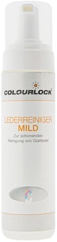 Flacon pompe blanc de Colourlock avec "LEEDERREINIGER MILD" sur l'étiquette.
