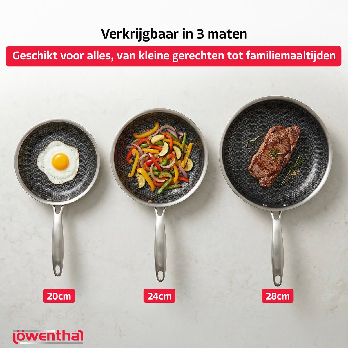 Koekenpan Ø 24 cm - PFAS Vrij & PTFE Vrij - RVS Honingraat Hybride Pan - Geschikt voor Inductie, Elektrisch, Keramisch & Gas - Hexagon Anti Aanbak Pan - Krasbestendig - Oven tot 280°C - Duurzame Keramische Coating - Keukengerei - Koken - Löwenthal — cadeau in Koken & Dineren - foto 7