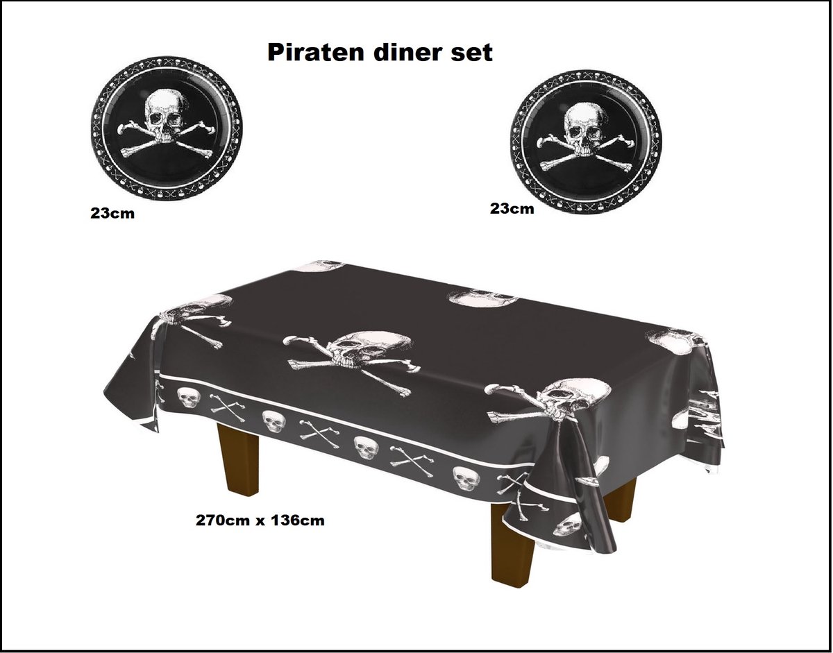 Piraten diner set - 1x Tafelkleed Piraten Doodshoofd 270cm x 136cm + 16x piraten doodshoofd 23 cm - Piraat verjaardag thema feest