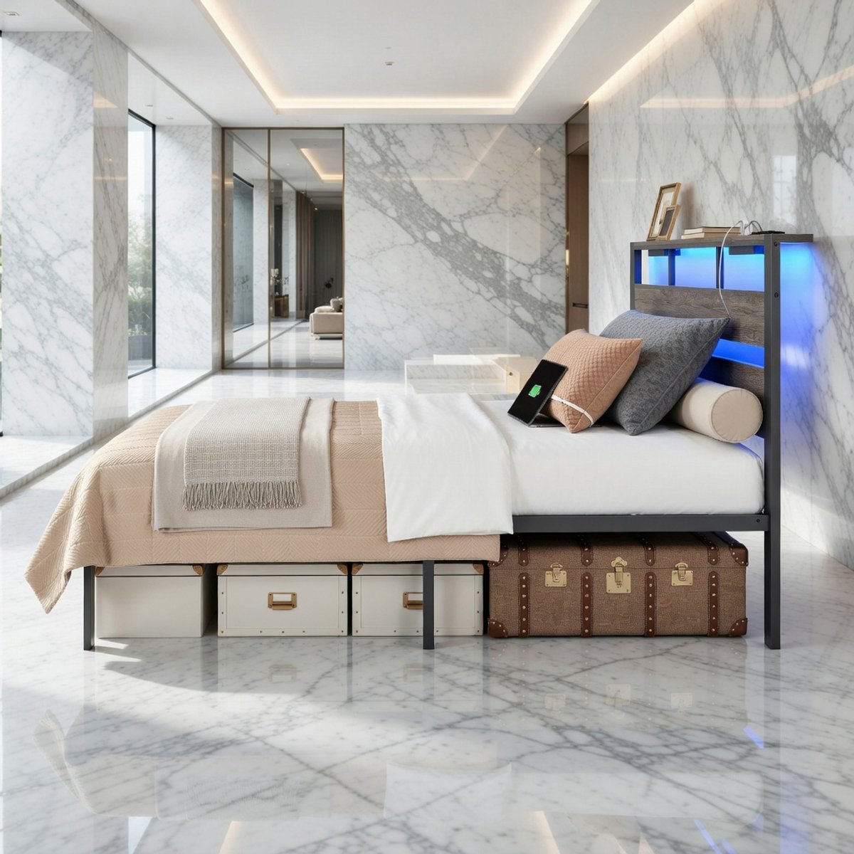Industrial Luxe LED Tweepersoonsbed 180x200 cm met Laadstation, Lattenbodem & Hoofdbord – Antraciet Metaal Design - House&Garden