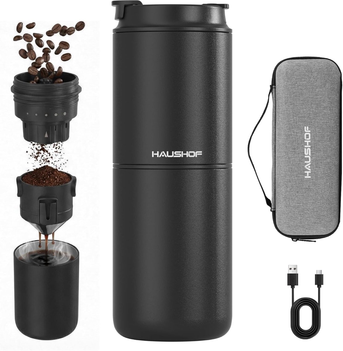 Draagbaar Koffiezetapparaat - All-in-one Koffie - Vers Gemalen Koffie - Geïntegreerde Molen - 400 ml - Zwart
