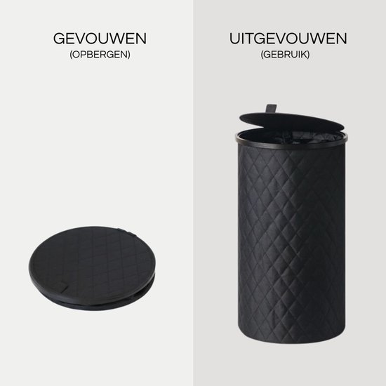 Zwarte, ronde wasmand met ruitpatroon. Links gevouwen, rechts uitgeklapt.