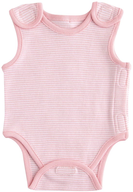 Roze gestreept romper met brede schouderbanden.