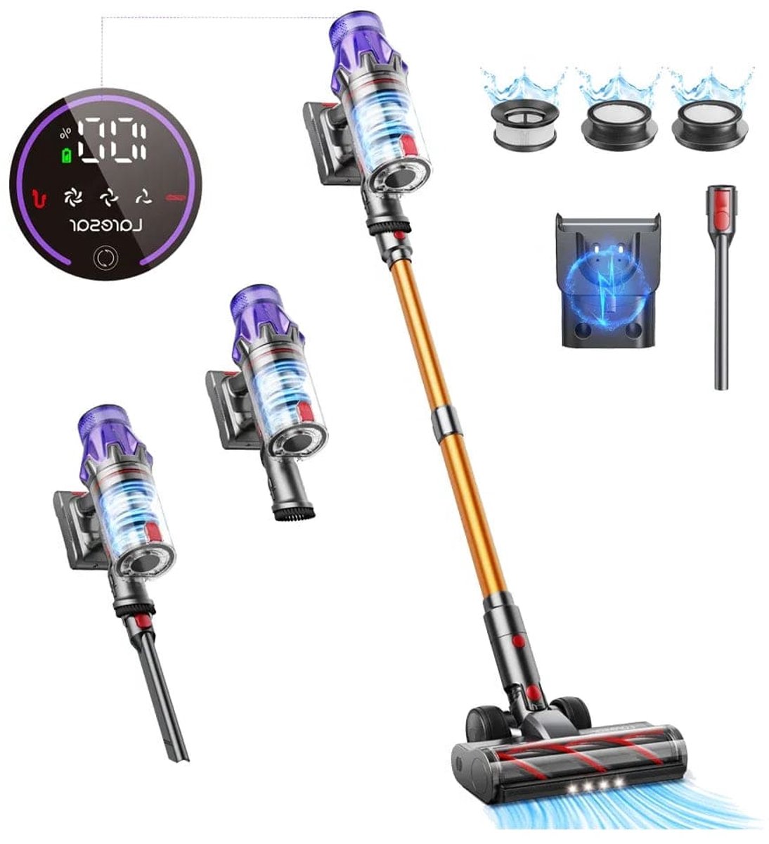 Steelstofzuiger Draadloos - Steelstofzuiger - Stofzuiger - Steelstofzuiger Snoerloos - Krachtige Zuigkracht - 50KPA - 500W - HEPA Filter - LCD - Geel