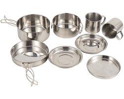 Camping Kookgerei Set met 8 Stuks RVS Pannen en Borden voor Outdoor Activiteiten - Kookgerei - Lichtgewicht - voor kamperen, outdoor, wandelen, picknick, BBQ