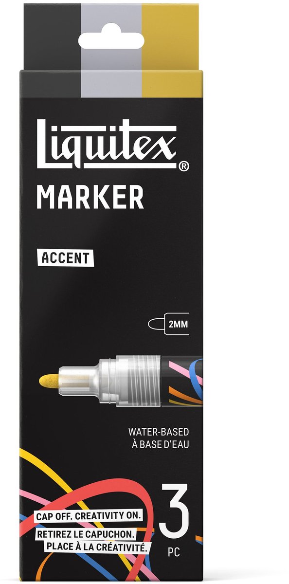 Liquitex 3699482 Acrylic Marker Set Accent – 3 stuks (Zwart, Metallic Zilver, Metallic Goud) – 2mm – Hoogdekkende verfmarkers