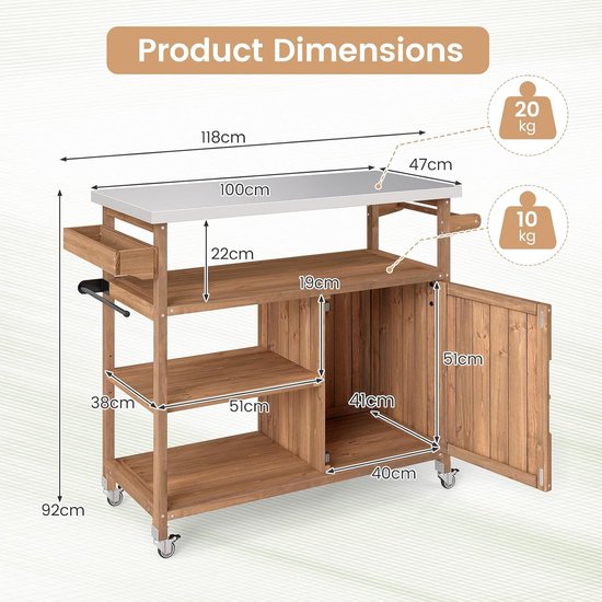 Tuin Wagen - Buiten Keuken - Buiten Koken - Roestvrij Staal Werkblad - 118 x 47 x 92 cm — afbeelding 3
