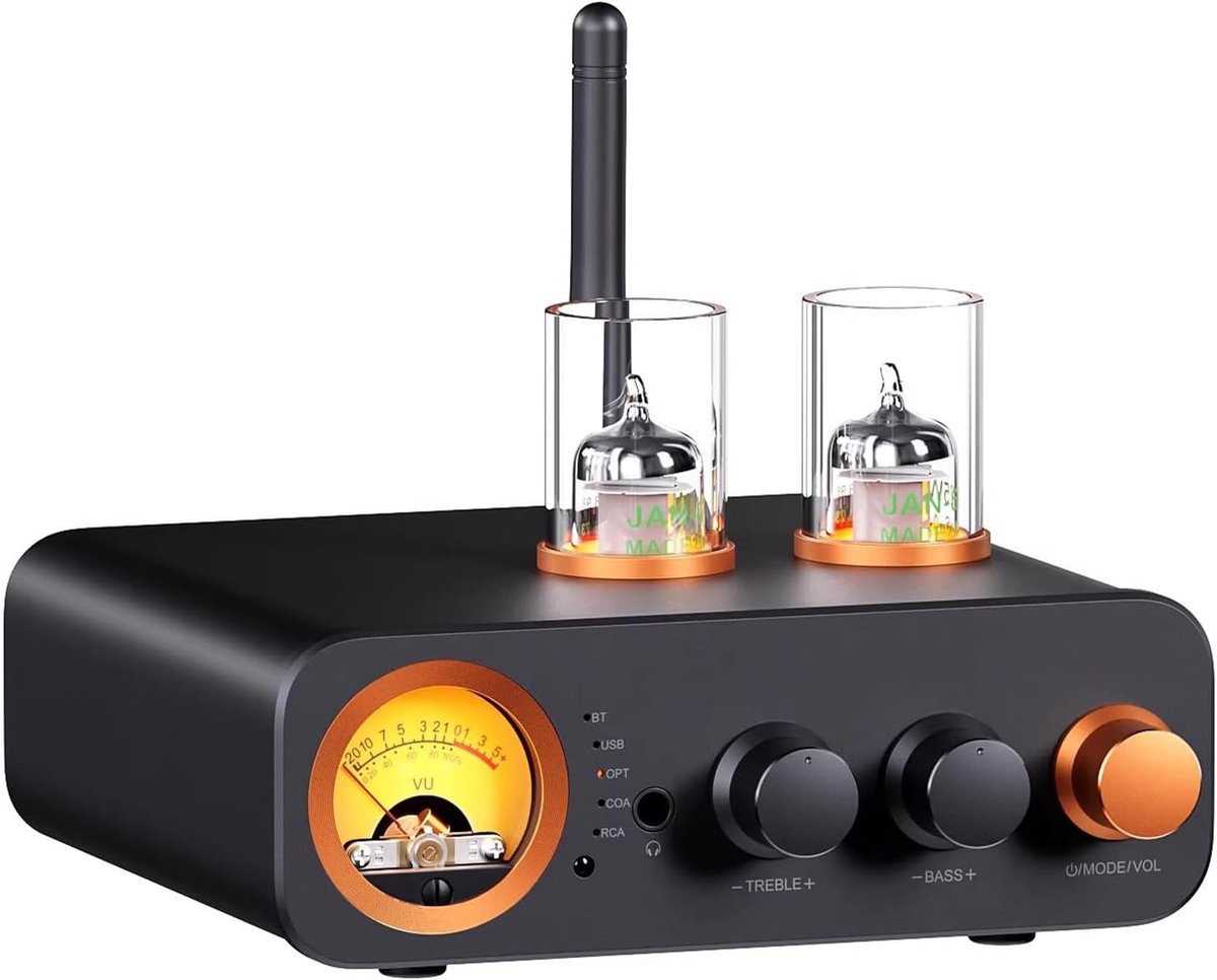 Buis geïntegreerde versterker, 2-kanaals audio stereo eindversterker, met DAC, VU Meter voorversterker met Bluetooth en USB/OPT/COAX/RCA, voor HiFi boekenplank luidsprekers