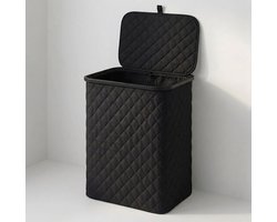 MAZAZU Wasmand met Deksel - Diamond Stitch - 100 Liter - Uitneembare Binnenzak - Bamboe Frame - Zwart - Opvouwbare Wasbox - 44x33x69 cm