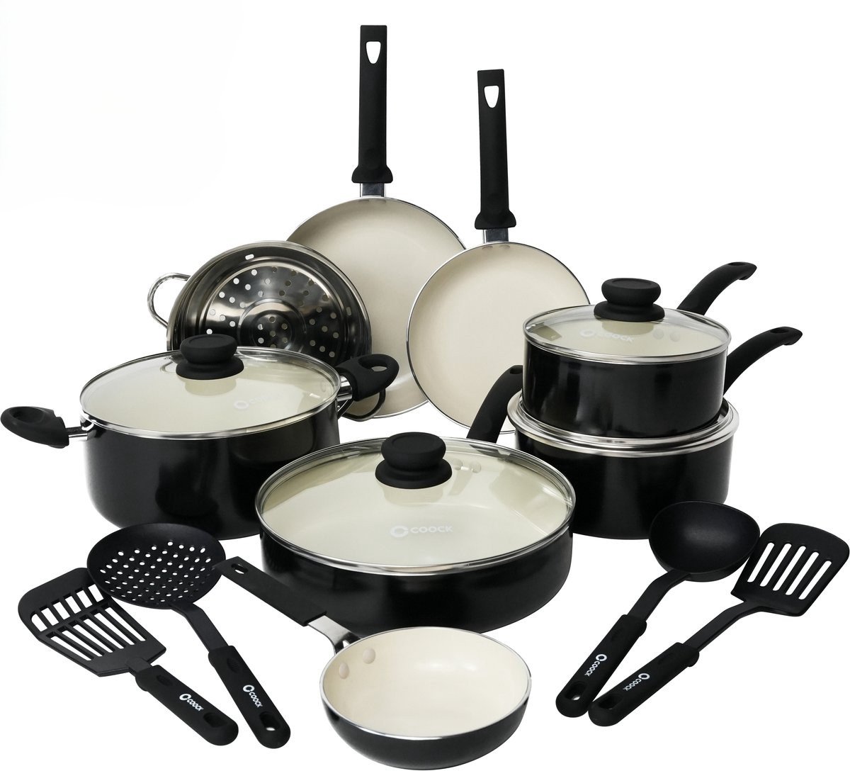 Bol.com COOCK 22-Delige Pannenset Inductie - Speciale Anti-Aanbak Coating - Ergonomische Koudgrepen - Gerecycled Aluminium - koe... aanbieding