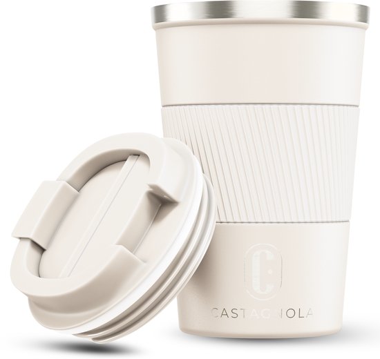 Castagnola Thermos Cup - Coffee Cup To Go - Tasse de voyage pour Café et Thee - Tasse à thé - 380 ML - Acier inoxydable - Blanc cassé