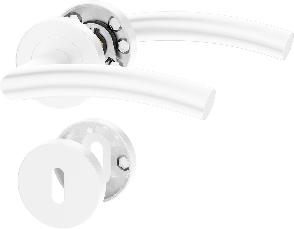 Witte Deurbeslag OTTO, Deurbeslag set Binnendeur, Deurklink Set, Deurklink met ronde rozet, met Sleutelrozet, Mat Wit, Deurkruk, Wit gepoedercoat roestvrij staal, Incl. Bevestigingsmateriaal - Terugslagveer