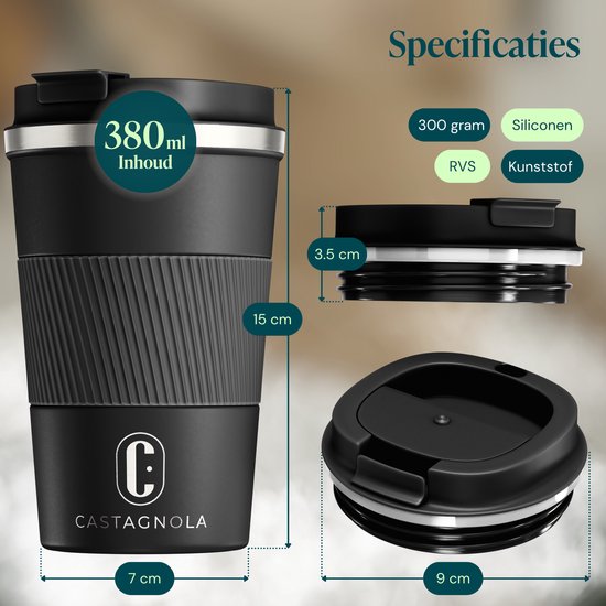 Castagnola Thermosbeker - Koffiebeker To Go - Travel Mug voor Koffie en Thee - Theebeker - 380 ML - RVS - Zwart