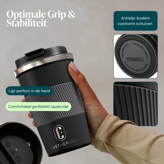 Castagnola Thermosbeker - Koffiebeker To Go - Travel Mug voor Koffie en Thee - Theebeker - 380 ML - RVS - Zwart