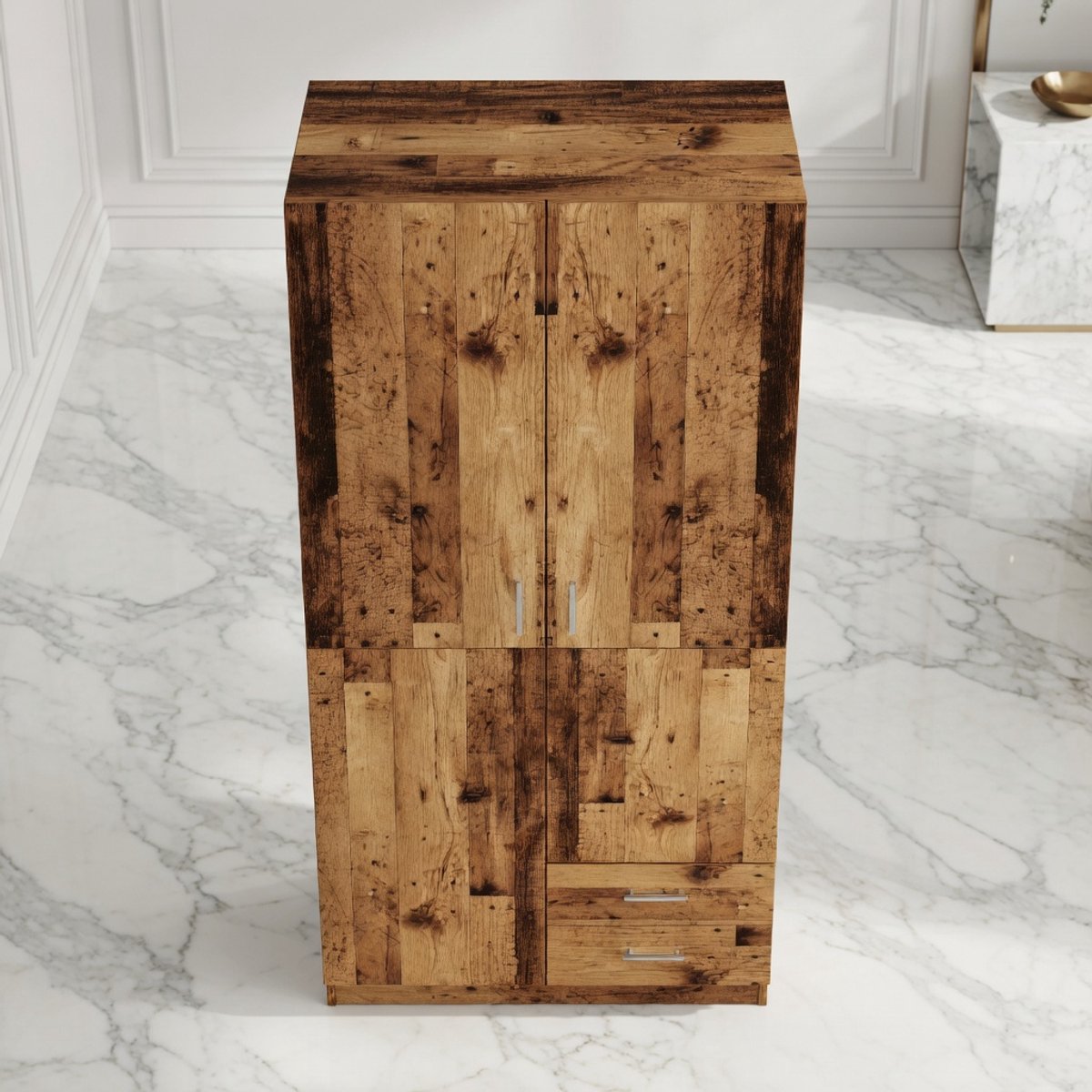 Slaapkamerkast Oud Hout – Robuuste Houten Kledingkast met Lade en Kledingstangen – 80 x 52 x 180 cm – Kledingorganizer voor Slaapkamer, Hal en Opbergkast House&Garden