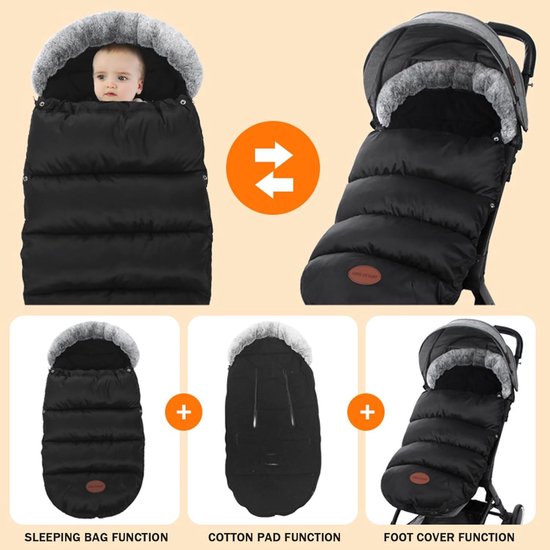 Kinderwagen Voetenzak - Winterhoes Baby - Warm Buiten - Verdikte Fleece Gevoerd - 89x35 cm - Zwart — afbeelding 4