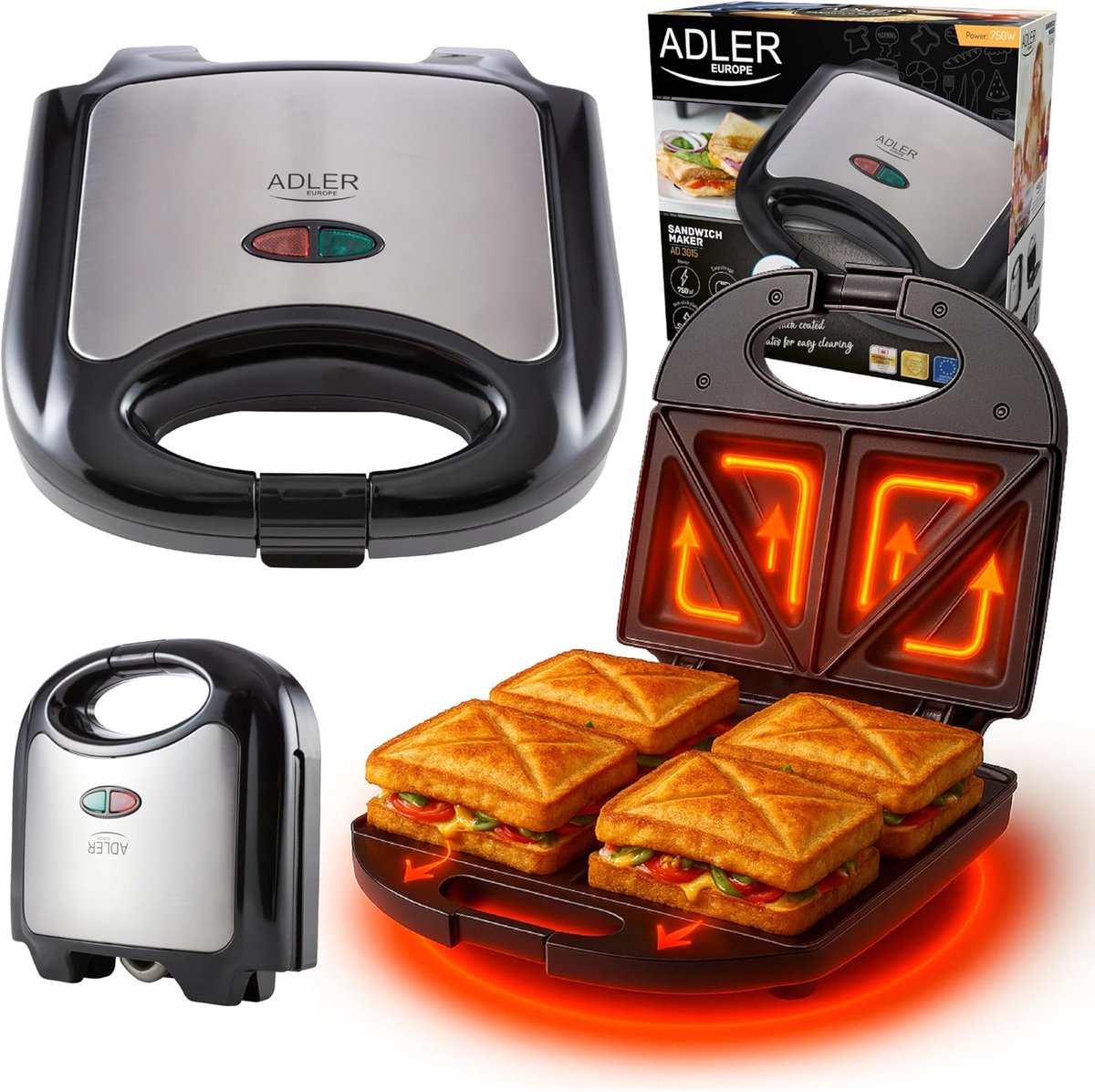 Tosti Apparaat - Sandwichmaker Panini - Lekker Broodje - Antiaanbaklaag - 23 x 8 x 225 cm - Zwart Grijs