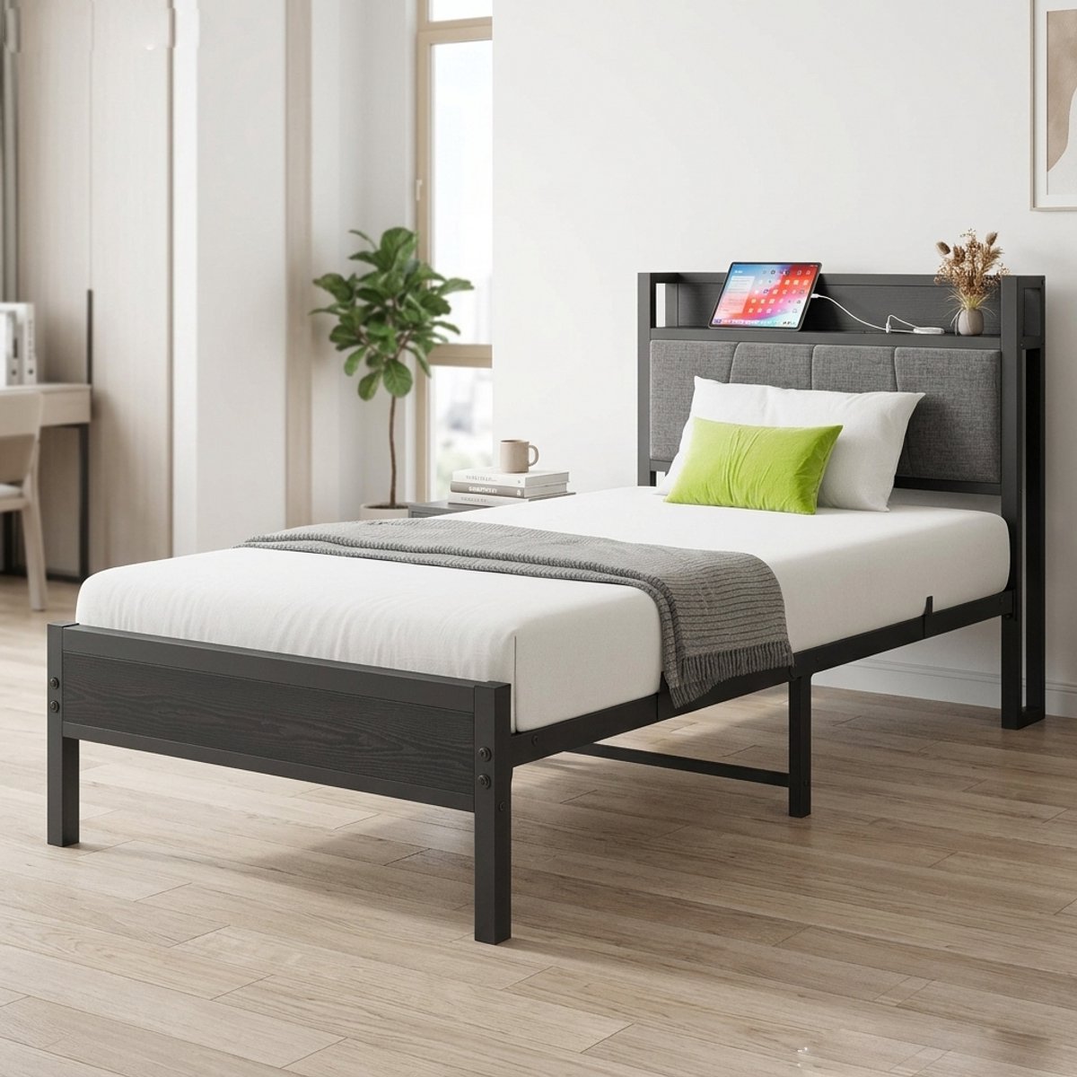 Wishdor Metalen Bed met Opbergplank - Eenpersoonsbed 90x200 - Gestoffeerd Hoofdbord - Zwart