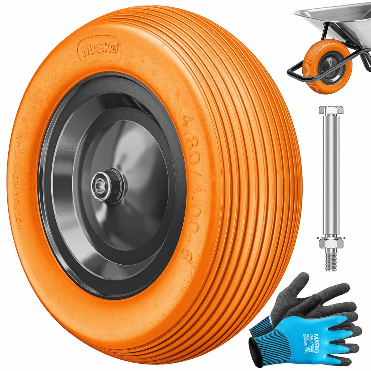MASKO® PU Kruiwagenwiel Massief Rubber 4.80/4.00-8 Ø 390mm inclusief As - Vervangwiel voor Kruiwagen Tuinwagen PU Wiel - Oranje / Zwart
